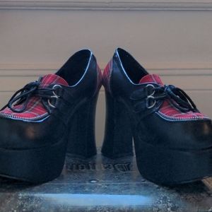 Demonia platform heeled, black and red plaid shoes